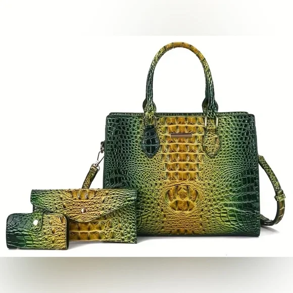 Elegant Green and Yellow Crocodile Pattern Handbag Set NWT - Picture 1 of 6
